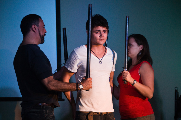 From left, Mauricio Leyton, Arturo Castro and Paola Poucel in the play De Novo. Photo by Joey Castillo 2